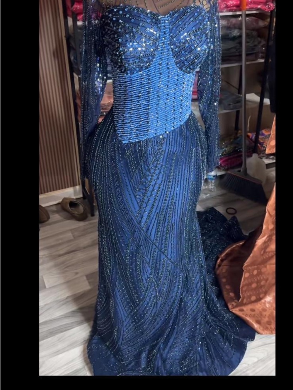 Elegant Navy Beaded Long Sleeve Evening Gown/Prom dress